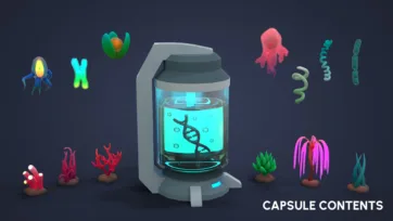 Alien life forms and organic specimens inside containment capsule with DNA helix and bioluminescent creatures