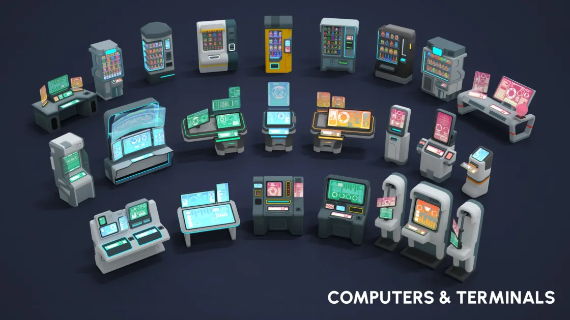Collection of sci-fi computer terminals, vending machines and holographic interface consoles for game environments