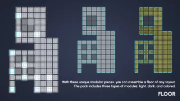 Modular sci-fi floor tile system with light, dark and colored variants for creating custom room layouts