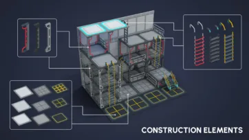Modular sci-fi construction elements including pipes, railings, floor tiles and wall panels in multiple color schemes