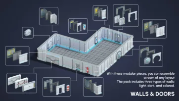 Modular sci-fi wall and door system showing multiple doorframe variants, panel configurations and assembly options
