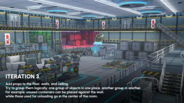 Final environment iteration 3 showcasing fully decorated sci-fi facility with props, lighting and grouped asset placement