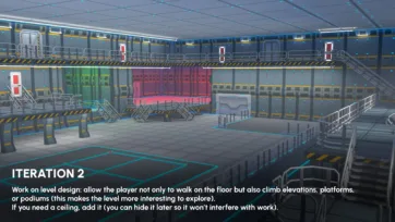 Environment building iteration 2 demonstrating multi-level platforms, stairs and ceiling integration for sci-fi levels