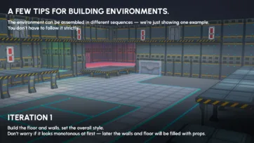Sci-fi environment construction tutorial showing iteration 1 with basic floor layout and modular wall panels