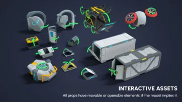 Collection of interactive sci-fi props including openable doors, containers and mechanical equipment with movable parts
