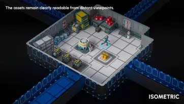 Isometric view of modular sci-fi room construction showing assembly flexibility with industrial props and character