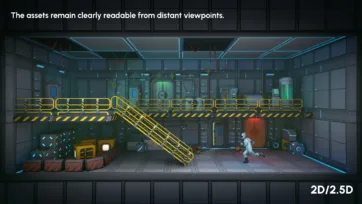 2D side-scrolling sci-fi platformer level layout with industrial hazards, modular platforms and multiple floor levels