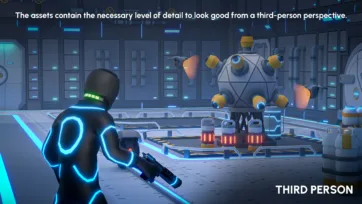 Third-person game environment showing sci-fi facility interior with industrial equipment, character model and modular architecture