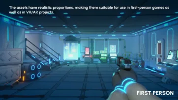 First-person perspective view of futuristic laboratory with glowing energy containment unit and holographic interface displays