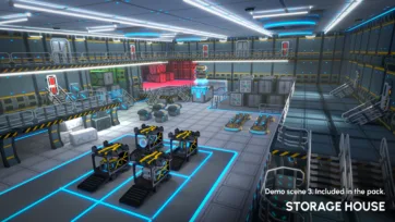 Multi-level sci-fi storage facility interior with modular platforms, yellow safety markings and industrial warehouse design