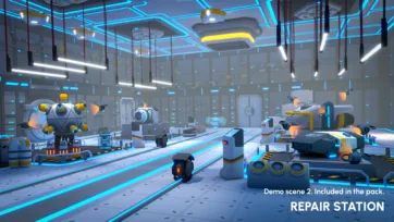 Futuristic repair station environment with industrial robots, holographic displays and modular sci-fi construction elements