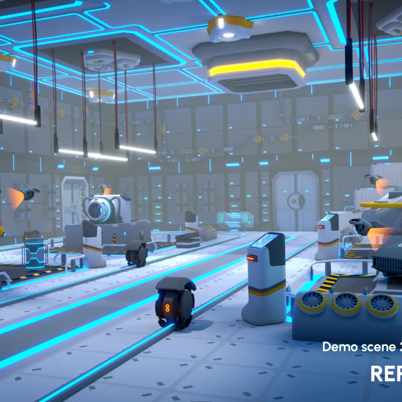 Futuristic repair station environment with industrial robots, holographic displays and modular sci-fi construction elements