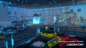 Sci-fi laboratory interior with modular futuristic architecture, cyan lighting accents, interactive terminals and equipment for game development