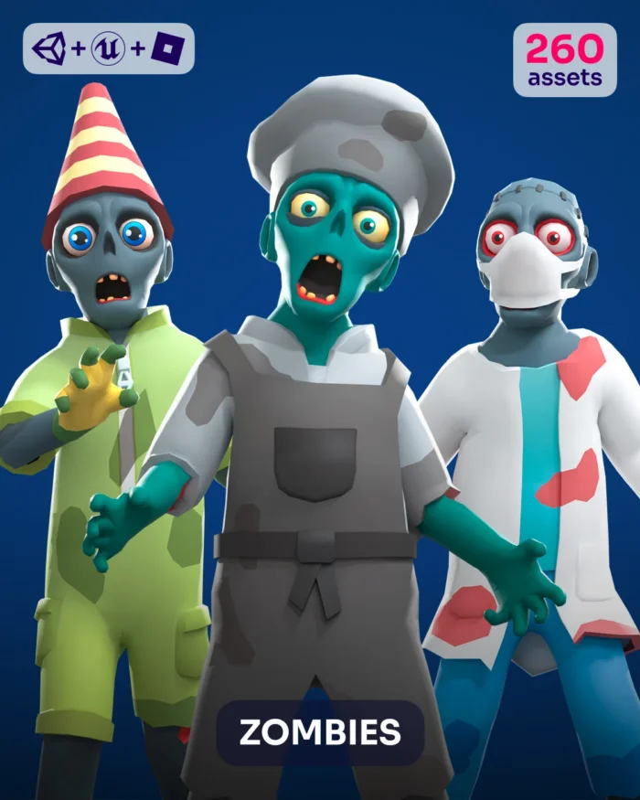 Three cartoon zombies with diverse costumes and expressions, 260 assets
