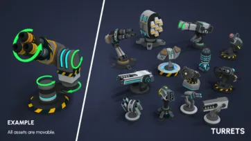 Futuristic turret and defense system collection with rotating parts and modular weapon platforms