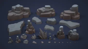 Inferno World low poly rock formations and terrain elements collection showing various stone shapes pillars and environmental props