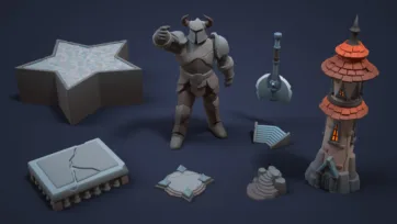Key assets from Inferno World pack featuring horned warrior character star platform tower building and architectural elements
