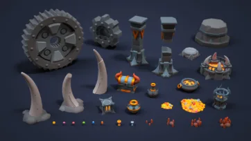 Complete props collection from Inferno World low poly pack including gears towers lanterns pillars treasure and mechanical elements