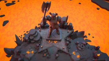 Front angular view of armored horned warrior statue standing on star-shaped platform in Inferno World low poly 3D pack