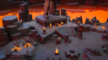 Close-up ground view of Inferno World low poly platform showing detailed stairs lanterns and fire elements with molten lava background