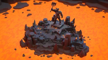 Inferno World low poly 3D asset pack featuring volcanic island platform with armored warrior statue holding battleaxe surrounded by orange lava ocean