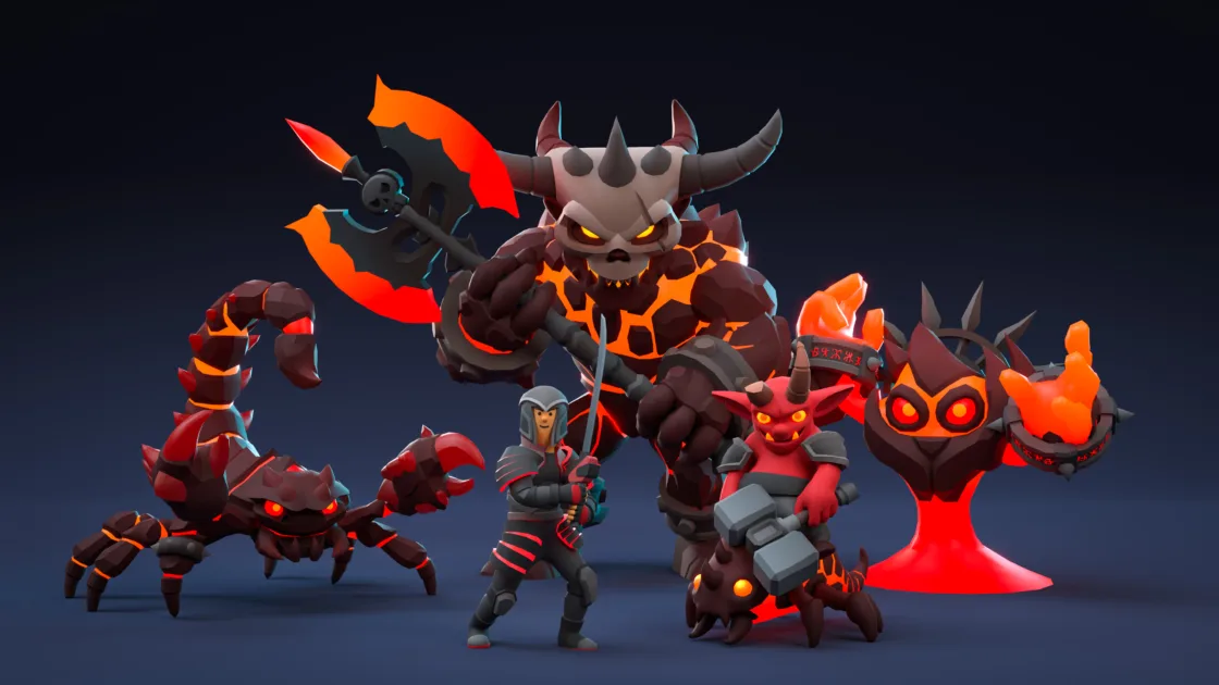 Red demon faction army with warrior hero and crimson monster units