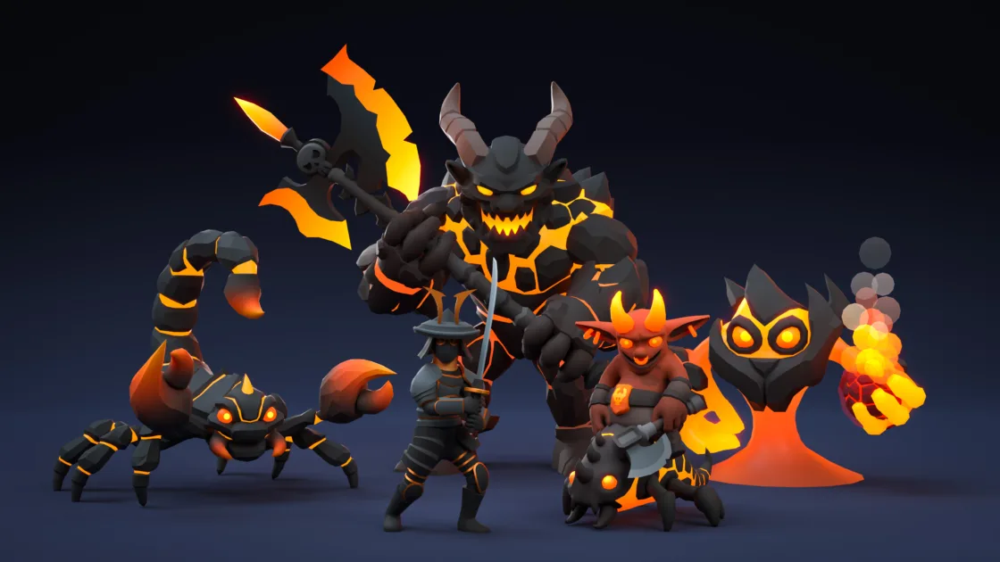 Fire demon army composition with lava warriors and flame elementals