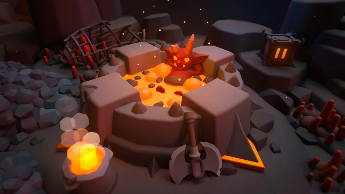 Lava pool with demon creature emerging and forge equipment in Inferno World environment