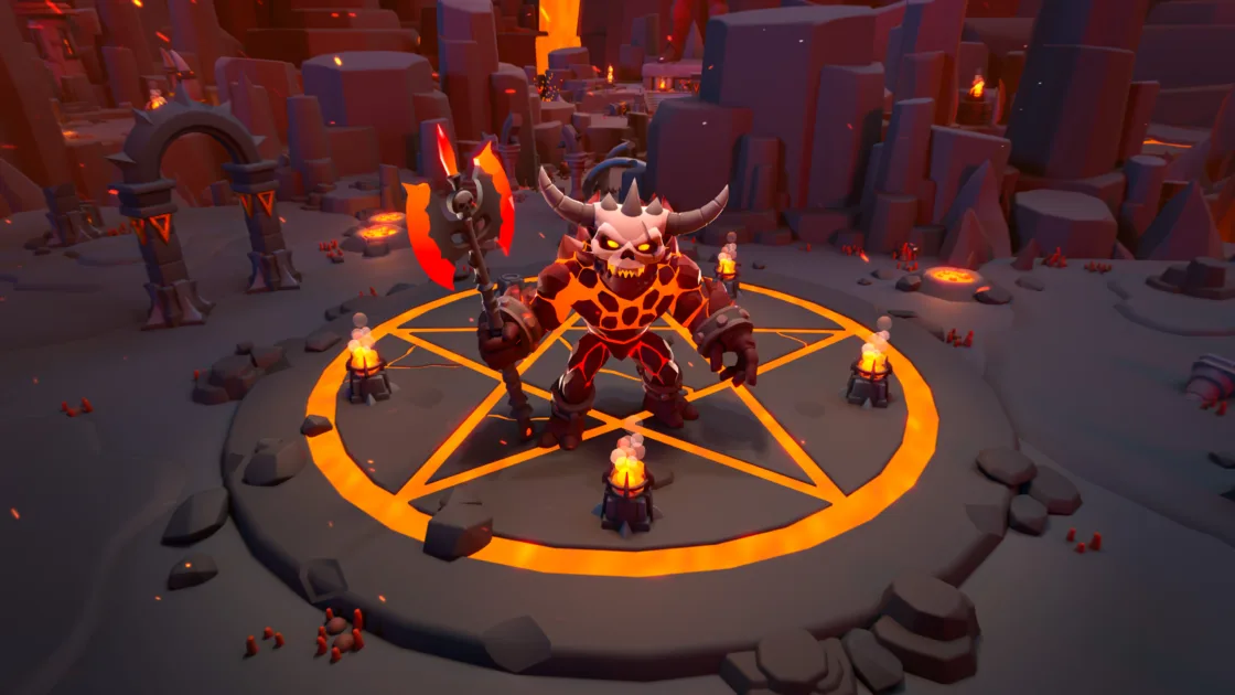 Large demon warrior standing on glowing pentagram summoning circle surrounded by candles