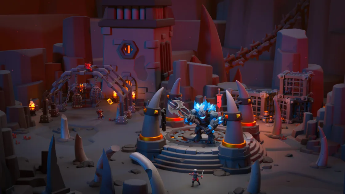 Demon fortress base with ice monster and fire creatures in low poly stylized hell setting