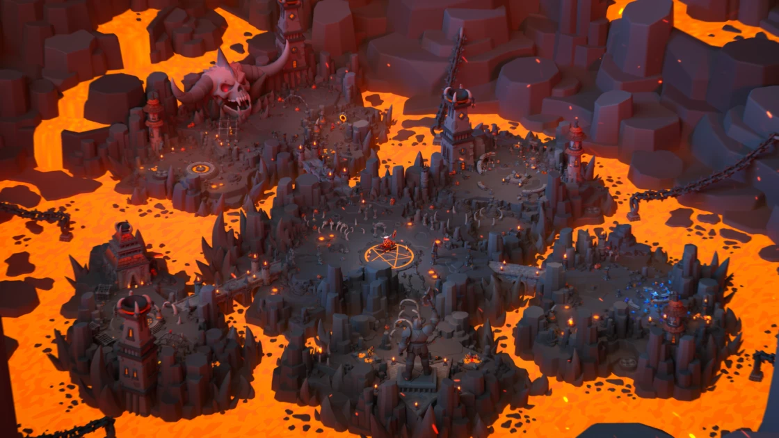 Isometric view of hell-themed 3D game world with demon settlements and molten lava landscape