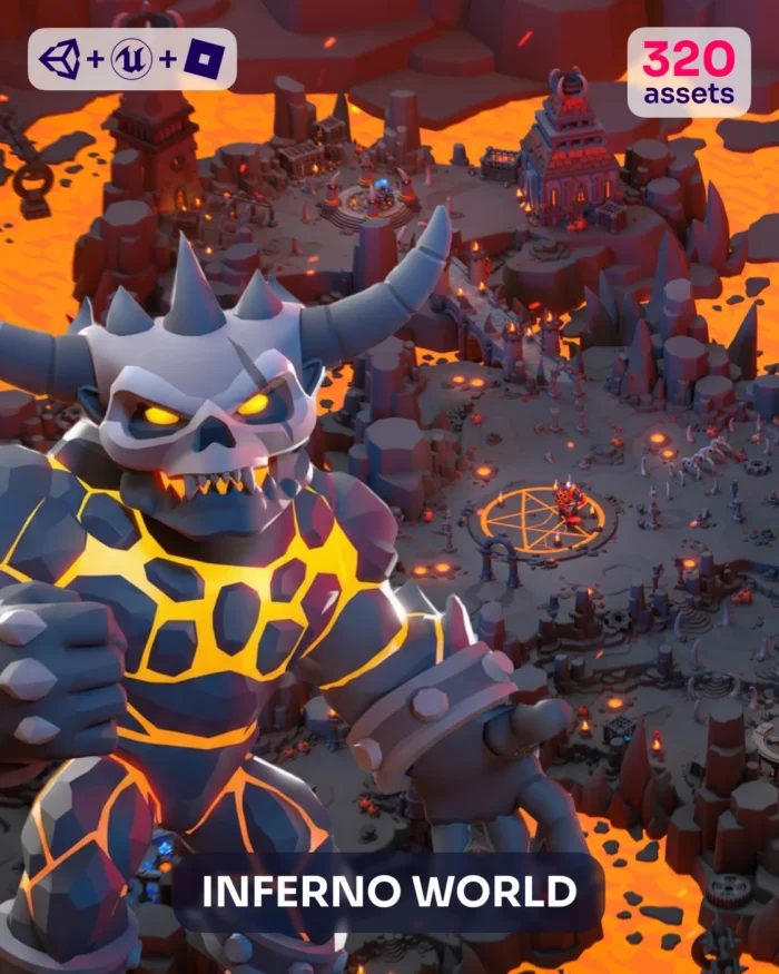 Inferno World 3D asset pack: lava environment, animated monster, fantasy props, game-ready assets.