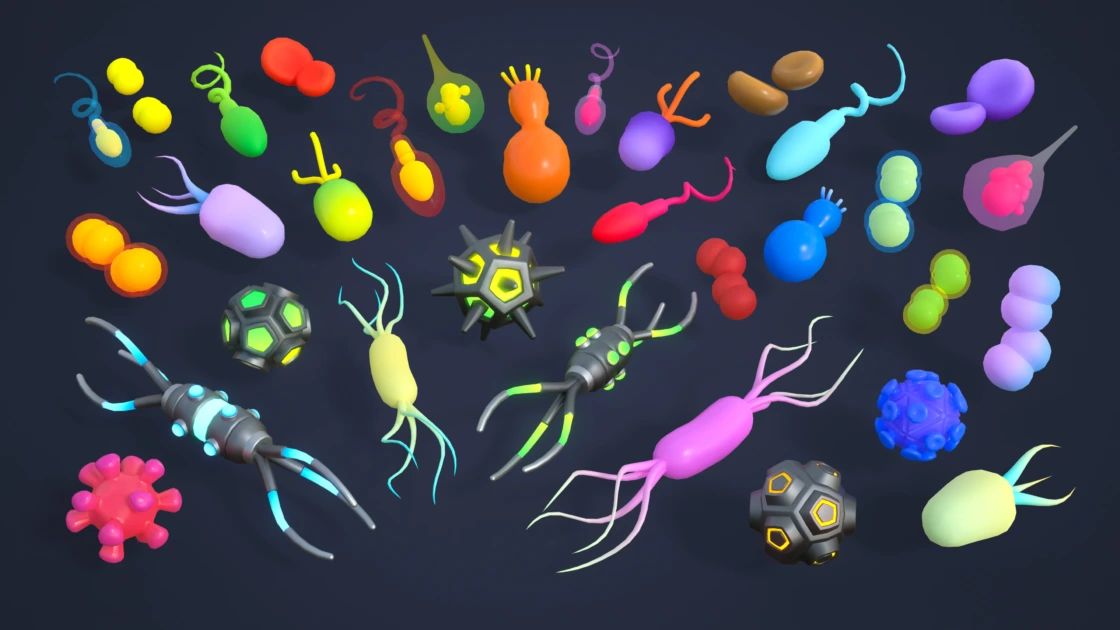 Low poly virus bacteria bacteriophage 3D models pack showing detailed microorganism structures