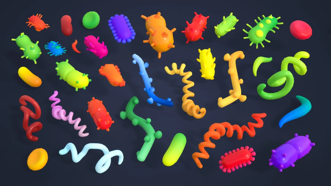 Low poly bacteria microbes and viral organisms 3D models collection with vibrant color variations