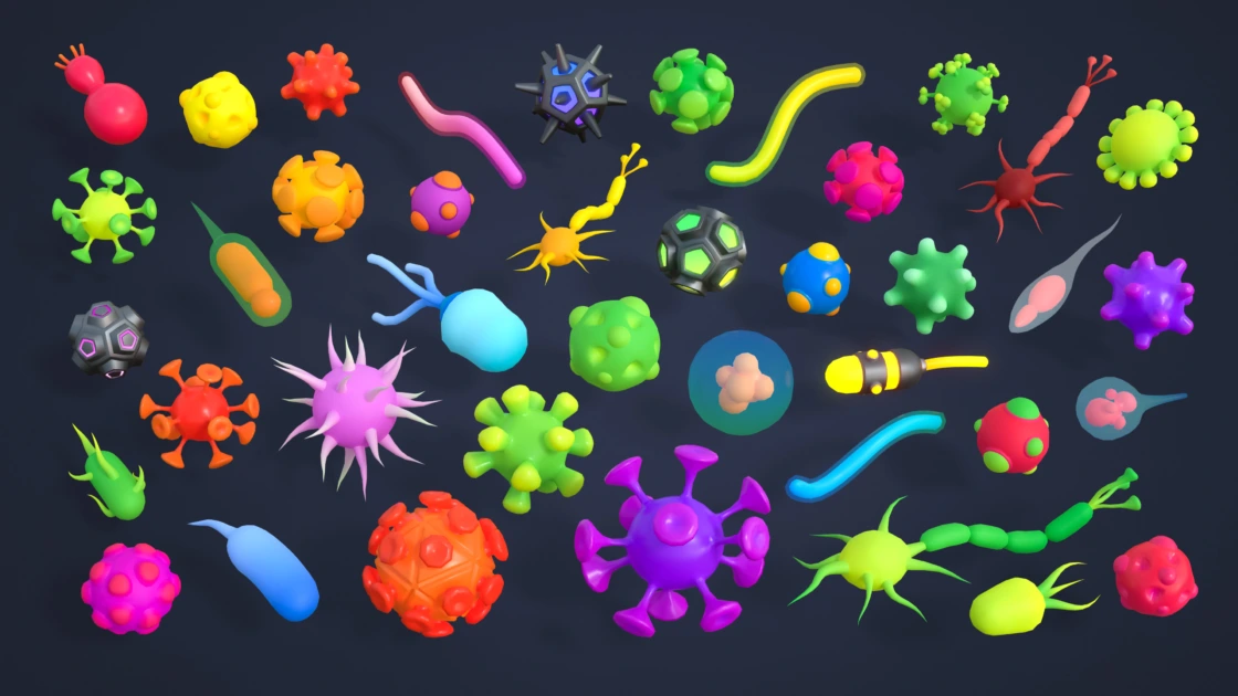 Diverse low poly virus and bacteria 3D models set featuring colorful microorganisms and viral structures