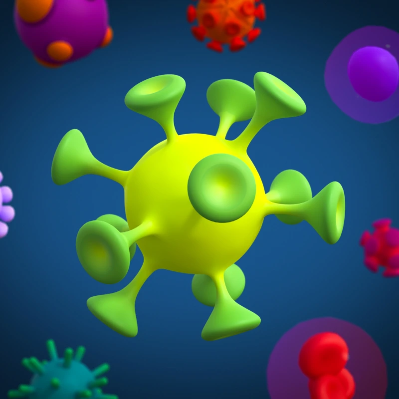 Lime green low poly virus 3D model with tentacles surrounded by colorful bacterial microorganisms on blue gradient background