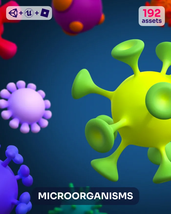3D virus and bacteria models, including a yellow virus with green spikes. Microorganism 3D pack.