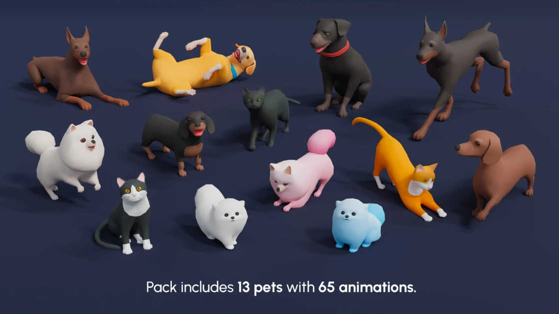 Low poly 3D city characters pack featuring 13 pets with 65 animations including various dog and cat breeds in stylized low poly design