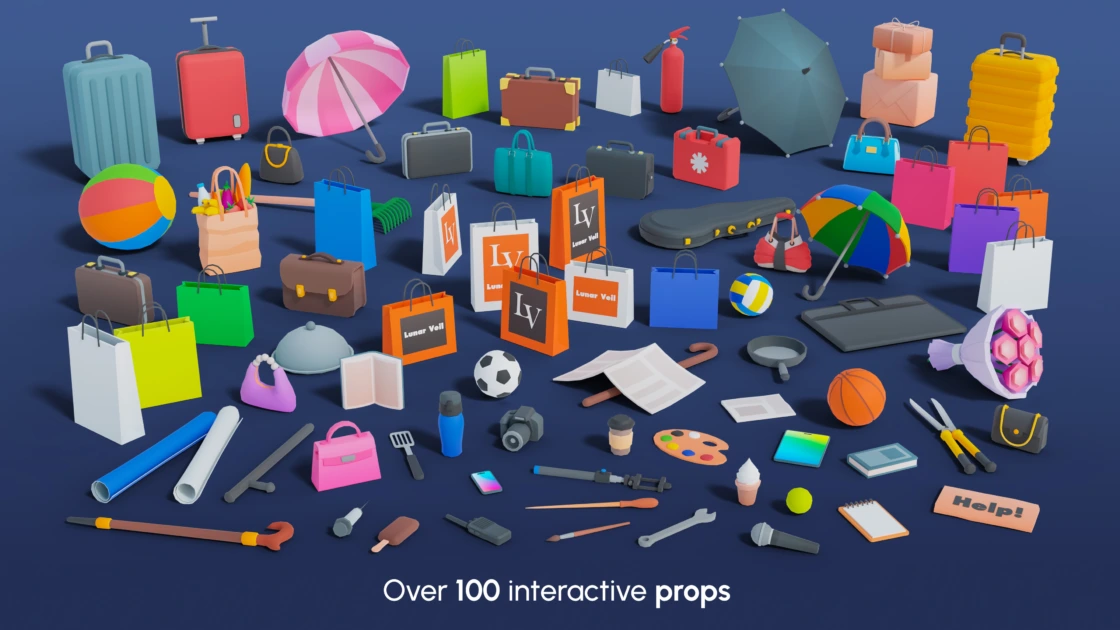 Low poly 3D city characters pack including over 100 interactive props like bags, umbrellas, luggage, briefcases, shopping bags, tools and sports equipment