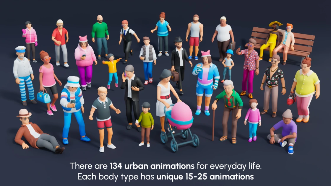 Low poly 3D city characters pack with 134 urban animations for everyday life including walking, talking, working with 15-25 unique animations per body type