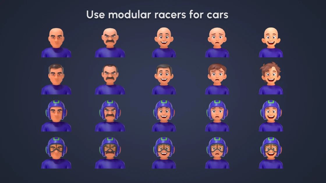 20 modular racer character variations showing different facial expressions and helmet configurations for low-poly racing game drivers