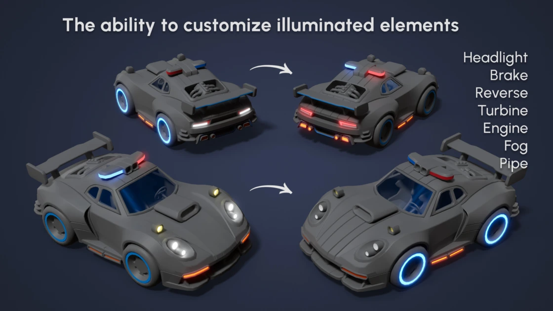 Demonstration of customizable illuminated elements including headlights, brake lights, reverse lights, turbine glow, engine effects, fog lights, and exhaust pipes