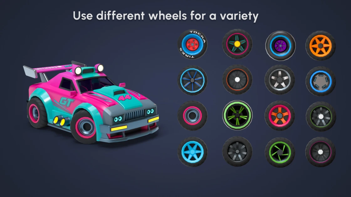 Collection of 16 different wheel designs for modular racing cars featuring various rim styles, colors, and tread patterns