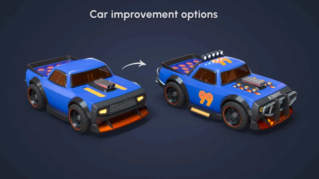Before and after comparison showing car improvement options with additional spoilers, lights, and performance parts on blue racing vehicle