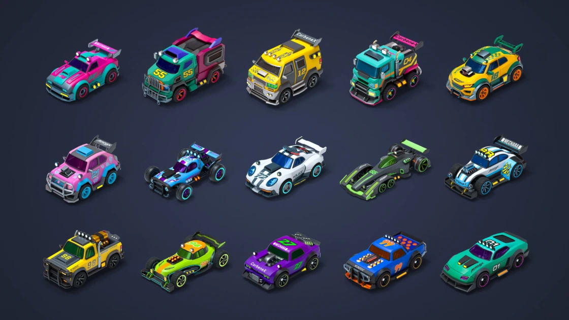 Collection of 15 colorful low-poly 3D racing cars with vibrant paint schemes and customizable details for game development