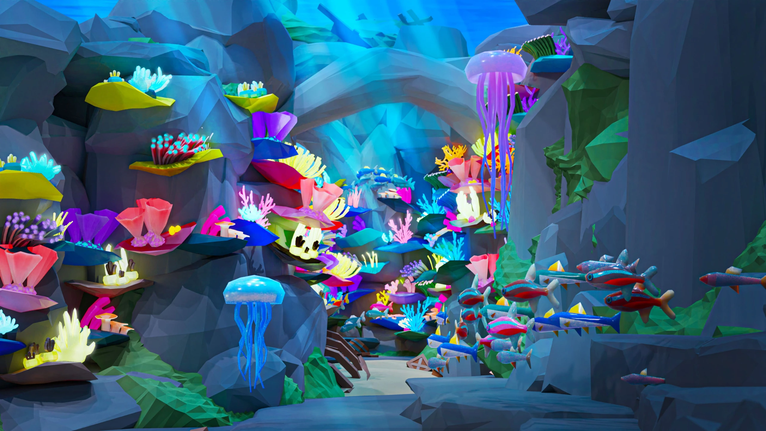 Low-poly underwater scene with colorful coral, jellyfish, and schools of fish.