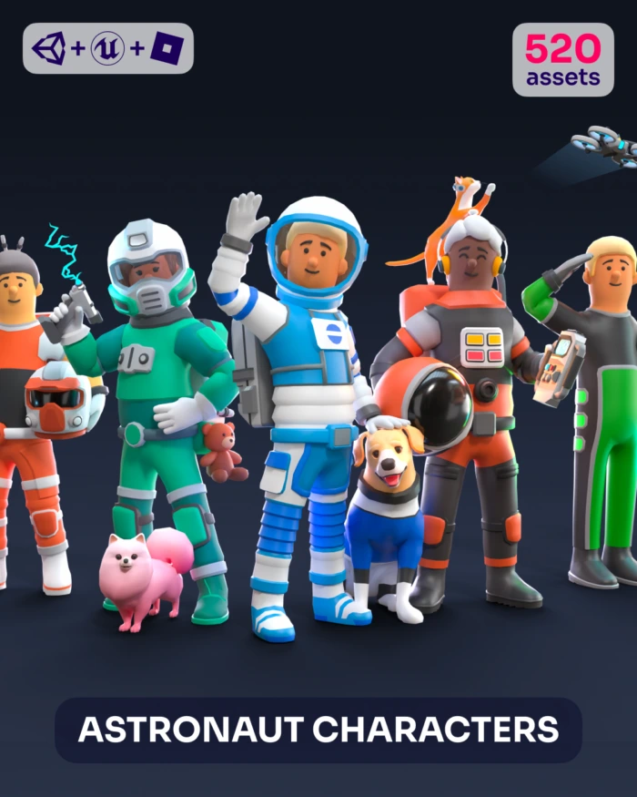 Astronaut characters in colorful spacesuits with pets, 520 assets.