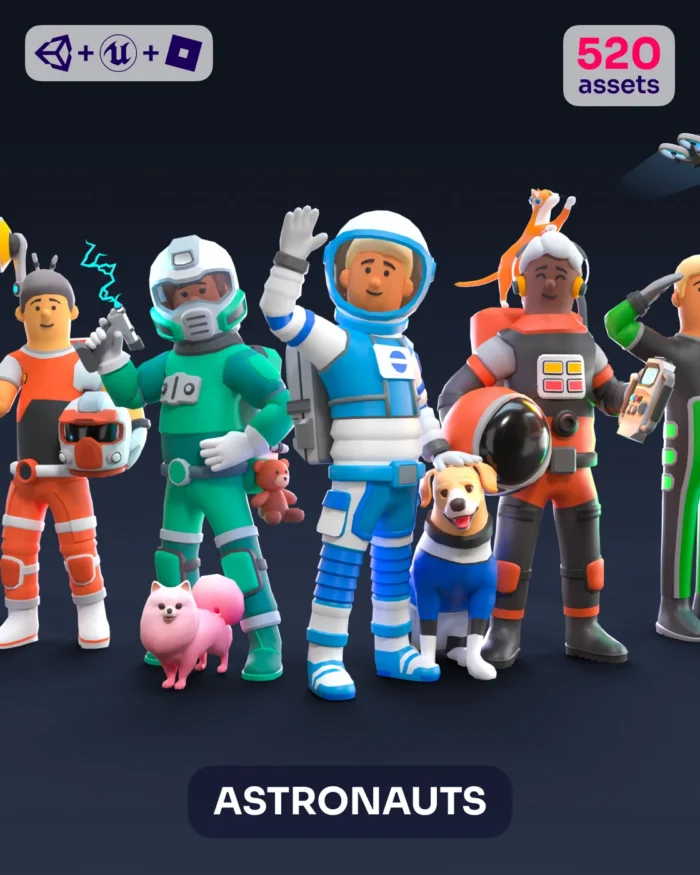 Astronaut characters in colorful spacesuits with pets, 520 assets.