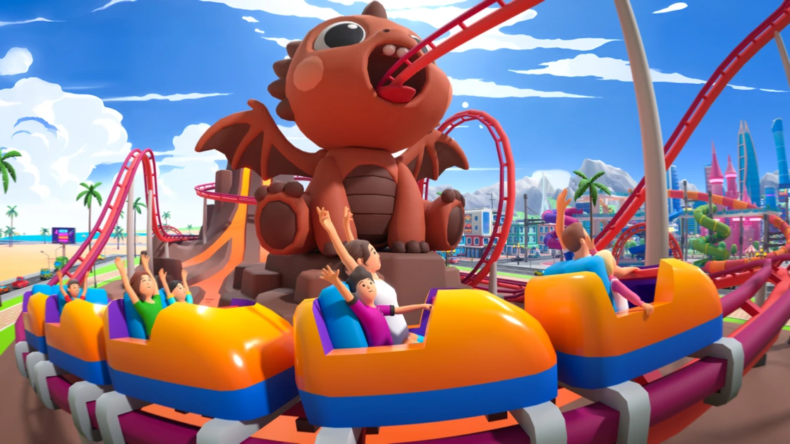 Cartoon roller coaster with dragon and excited riders. Theme park fun.