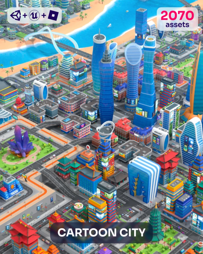 Cartoon City: Colorful, stylized cityscape with skyscrapers, roads, and a river. 2070 assets.